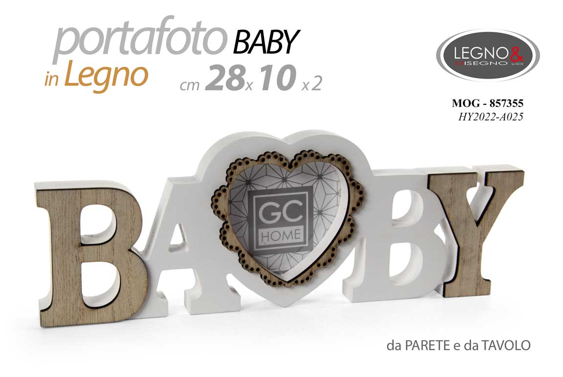 8025569857355 PORTAFOTO DA PARETE CUORE BABY NASCITA CORNICE TAVOLO BIANCO LEGNO FOTO 28*10 cm - immagine 1