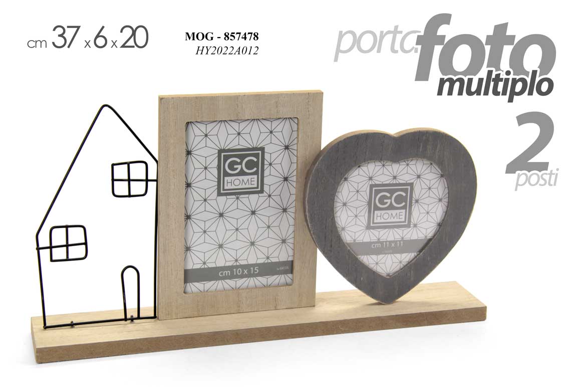 8025569857478 PORTAFOTO MULTIPLO 2 POSTI CUORE CASA DA TAVOLO APPOGGIO CORNICE LEGNO 37*6*20cm - immagine 1