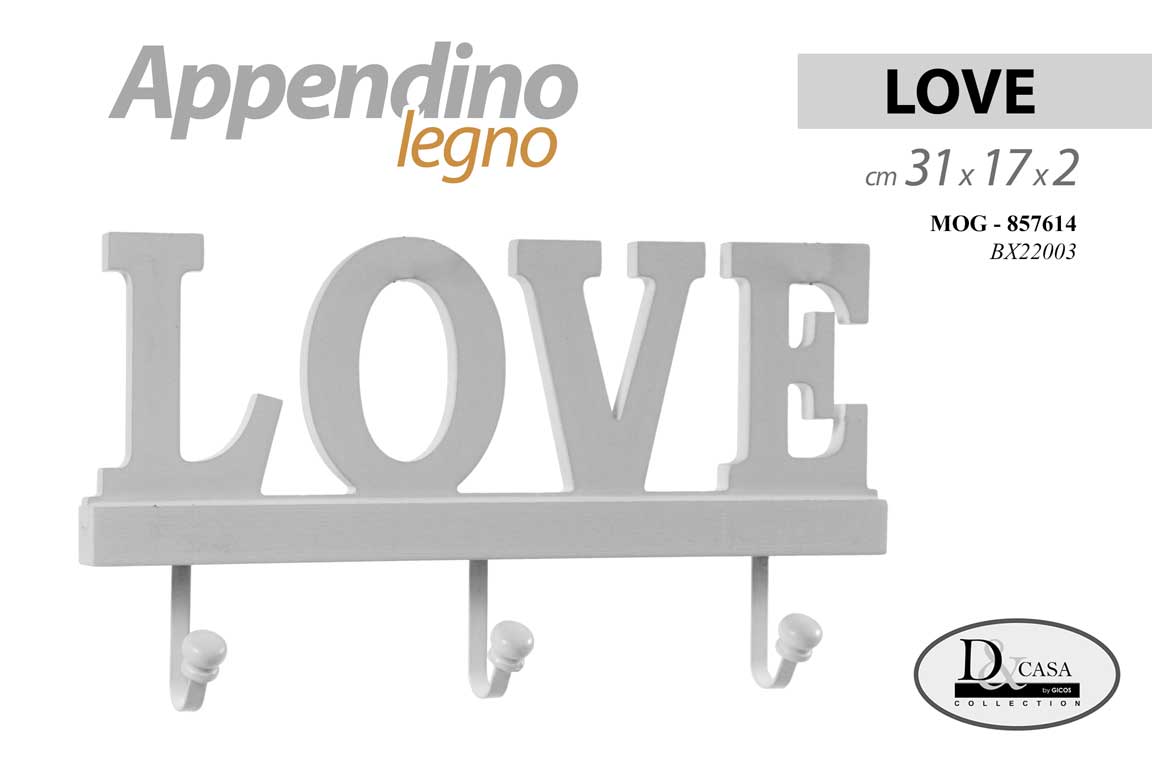 8025569857614 APPENDINO DECORAZIONE DA PARETE MURO ARREDO LEGNO 3 GANCI LOVE MDF 31*17 CM - immagine 1