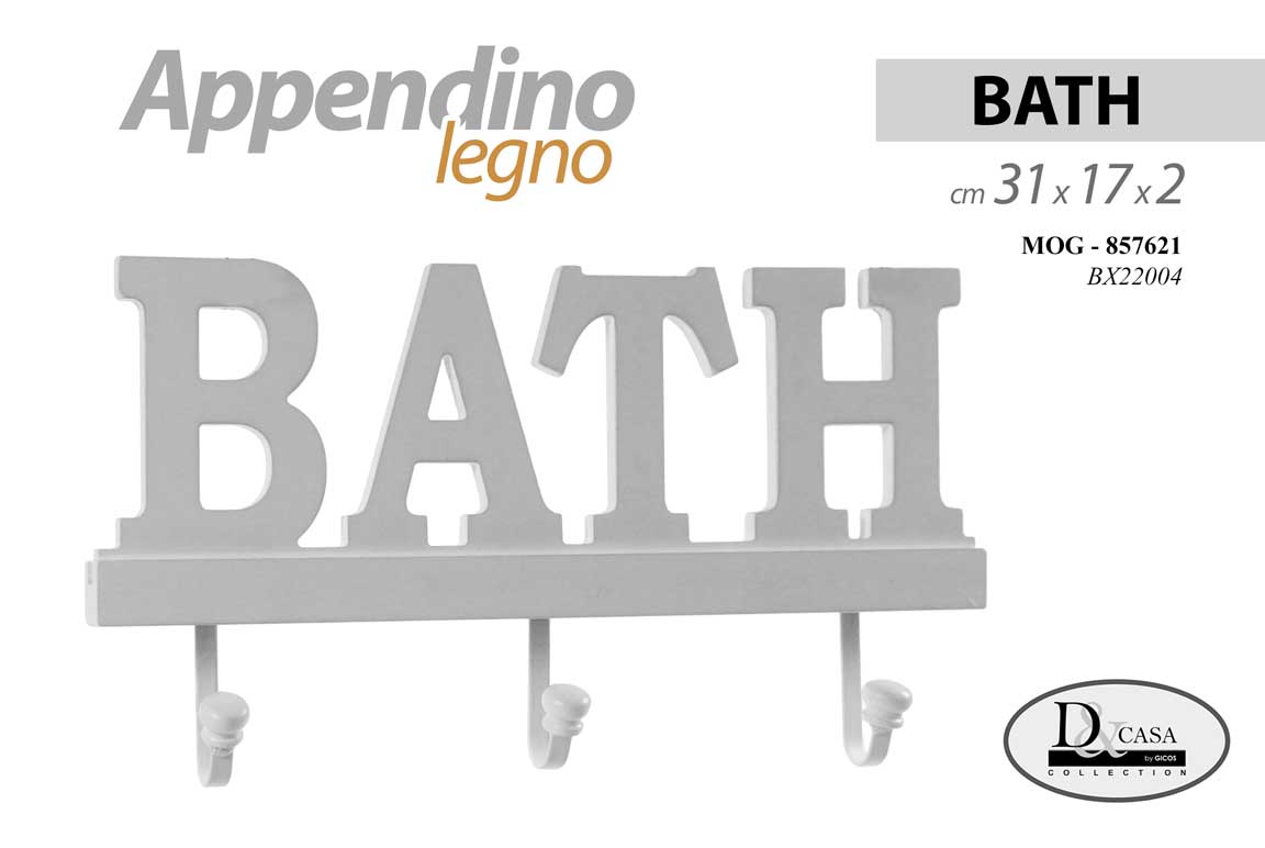8025569857621 APPENDINO DECORAZIONE DA PARETE MURO PORTA ARREDO LEGNO 3 GANCI BATH MDF 31*17CM - immagine 1