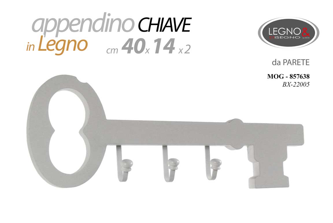 8025569857638 APPENDINO DA PARETE 3 GANCI Appendiabiti a Muro FORMA CHIAVE LEGNO BIANCO 40*14 - immagine 1