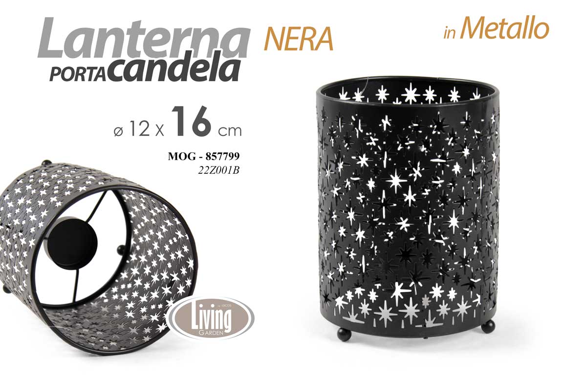 8025569857799 LANTERNA LEGNO PORTACANDELA TEA LIGHT METALLO NERO NERA Motivo a Selle 16*12cm - immagine 1