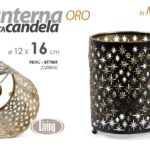 LANTERNA LEGNO PORTACANDELA TEA LIGHT METALLO NERO ORO Motivo a Selle 16*12cm
