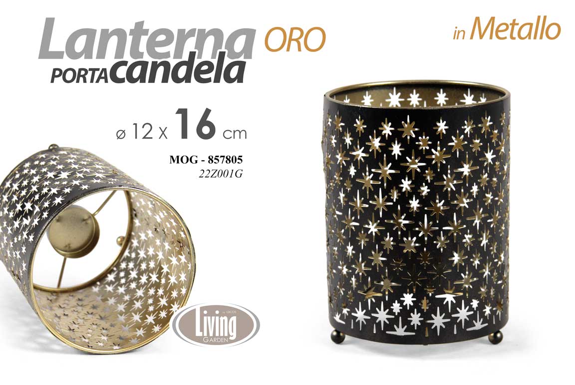8025569857805 LANTERNA LEGNO PORTACANDELA TEA LIGHT METALLO NERO ORO Motivo a Selle 16*12cm - immagine 1