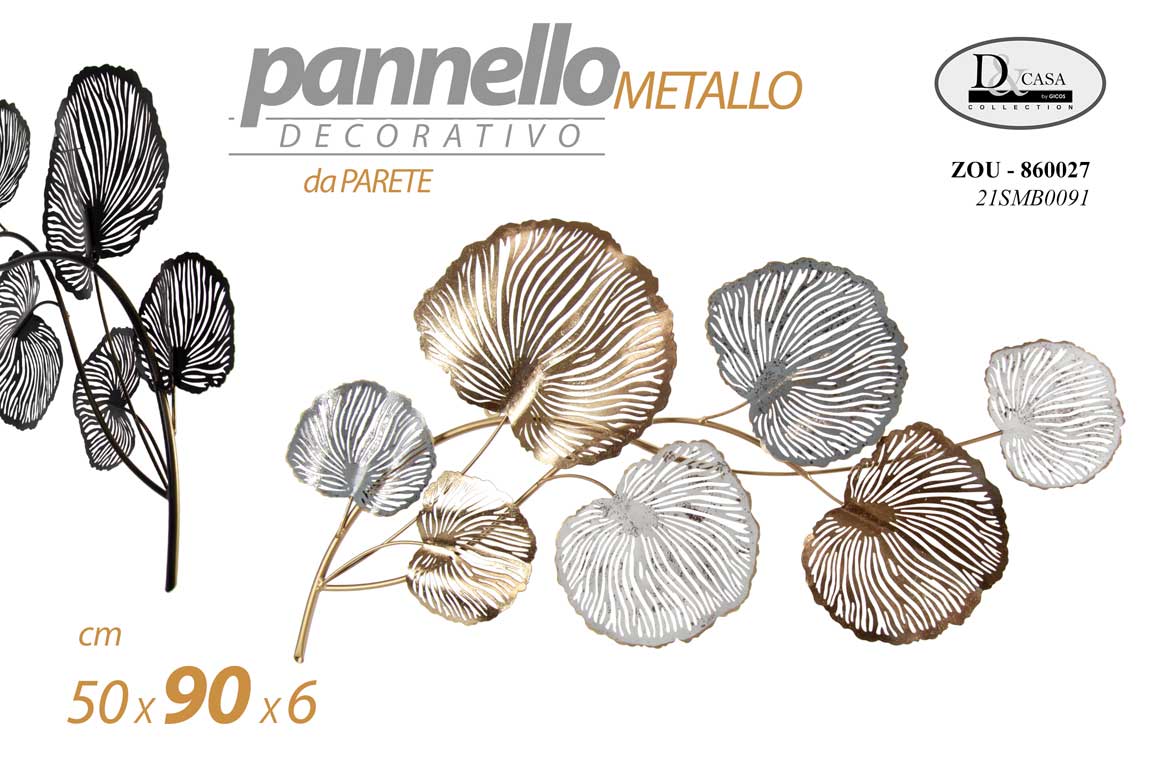8025569860027 PANNELLO ARREDO DA PARETE DECORATIVO METALLO QUADRO FIORI GRIGIO ORO 50*90*6 CM - immagine 1