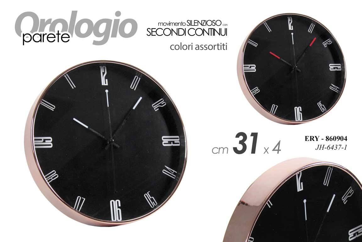 8025569860904 OROLOGIO DA PARETE TONDO MODERNO VINTAGE SILENZIOSO ABS NERO ELEGANTE ASSOR 31cm - immagine 1