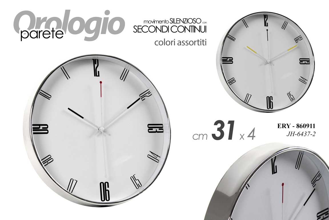 8025569860911 OROLOGIO DA PARETE TONDO MODERNO SILENZIOSO FINE COL ARGENTO ASSORTITO ABS 31 cm - immagine 1
