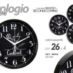 OROLOGIO DA PARETE TONDO MODERNO VINTAGE SILENZIOSO ABS NERO COCKTAIL ASSOR 26cm