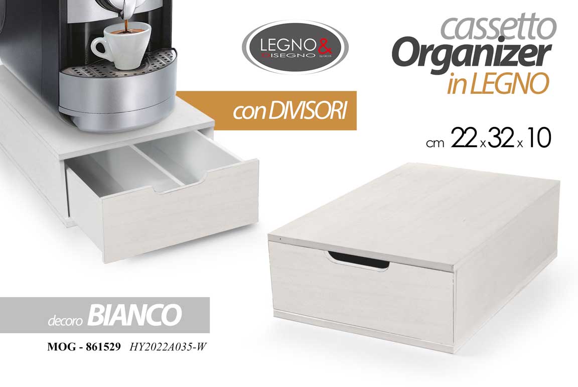 8025569861529 CONTENITORE PORTA CIALDE Capsule CAFFè CASSETTO ORGANIZER LEGNO BIANCO 22*32*10 - immagine 1