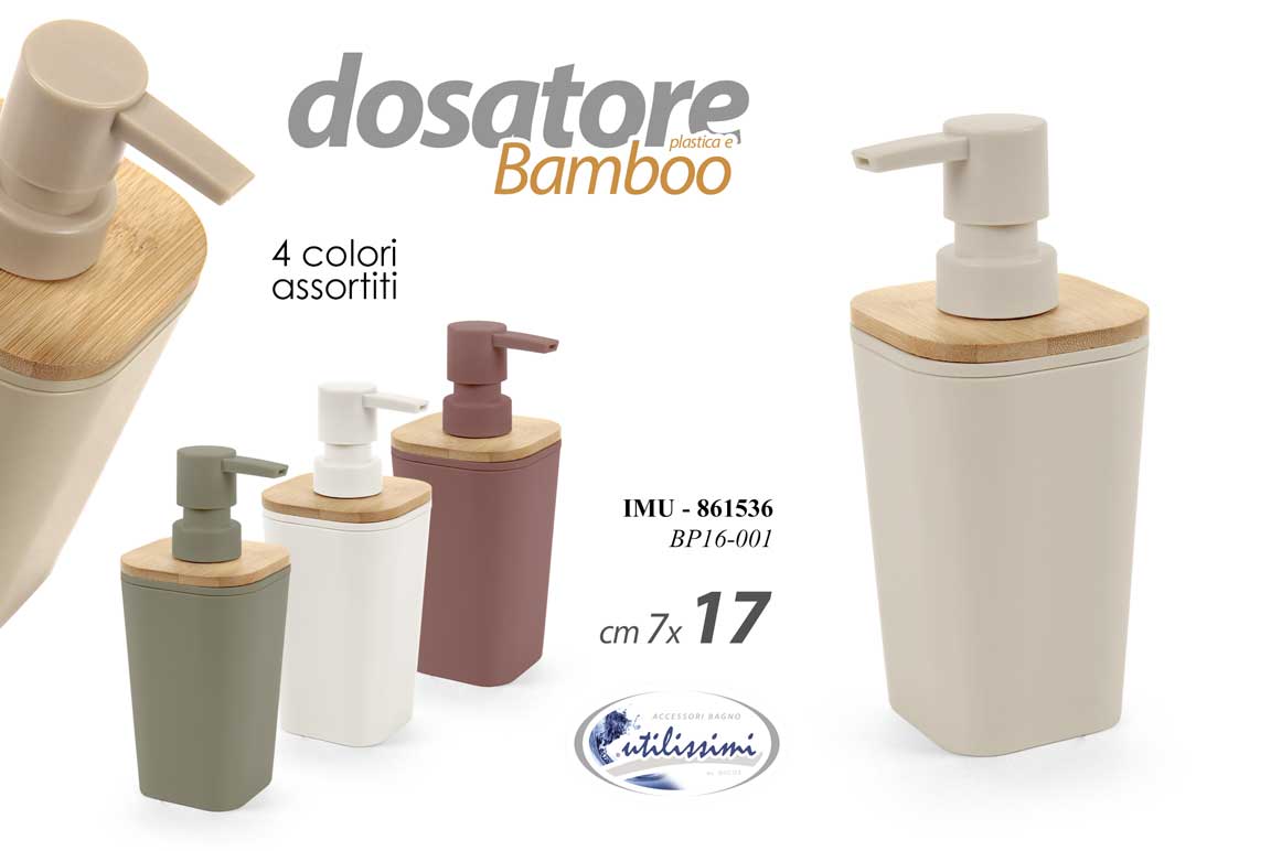 8025569861536 DOSATORE PORTA SAPONE LIQUIDO Dispenser BOTTIGLIA FLACONE PLAS LEGNO BAMBOO 17cm - immagine 1