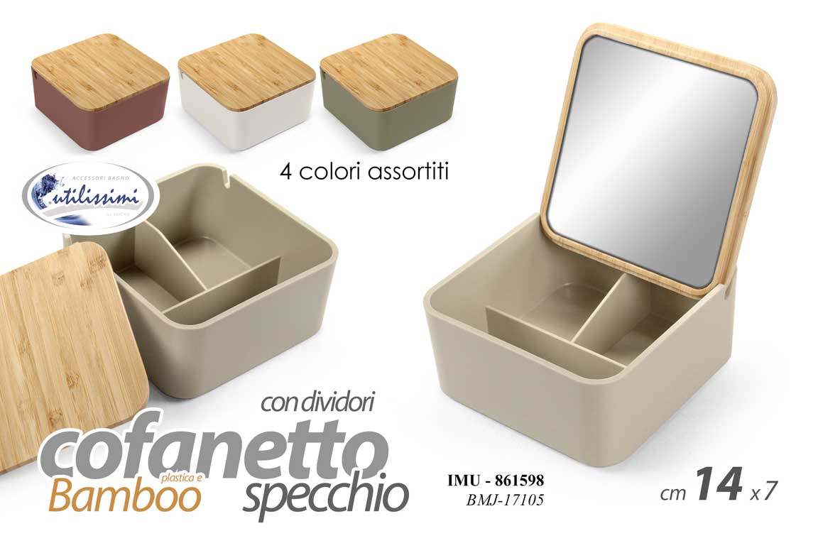 8025569861598 COFANETTO Scatola PORTAGIOIELLI TRUCCHI Legno Specchio Acrilico Divisori 14*7 cm - immagine 1