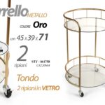 CARRELLO METALLO ORO TONDO 2 RIPIANI VETRO RUOTE CUCINA ELEGANTE h71*45*39cm