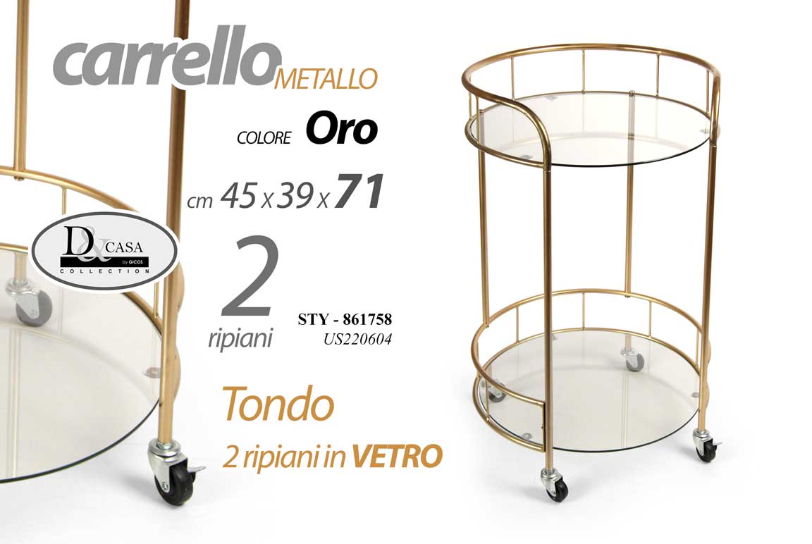 8025569861758 CARRELLO METALLO ORO TONDO 2 RIPIANI VETRO RUOTE CUCINA ELEGANTE h71*45*39cm - immagine 1