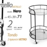 CARRELLO METALLO NERO TONDO 2 RIPIANI VETRO RUOTE CUCINA ELEGANTE h71*45*39cm