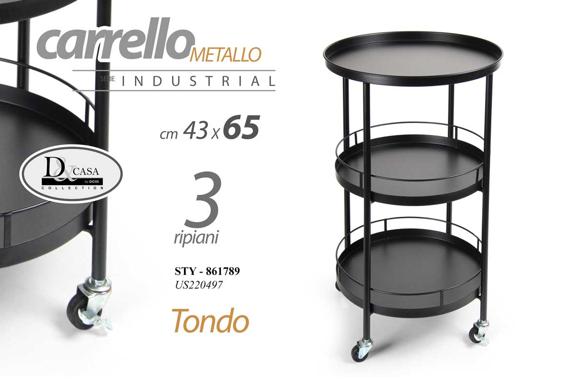 8025569861789 CARRELLO METALLO NERO PORTA VIVANDE TONDO 3 RIPIANI MULTIUSO MODERNO h65*43CM - immagine 1