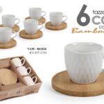 Set 6 tazzine caffè servizio tazze + piattino bamboo moderno porcellana bianca k