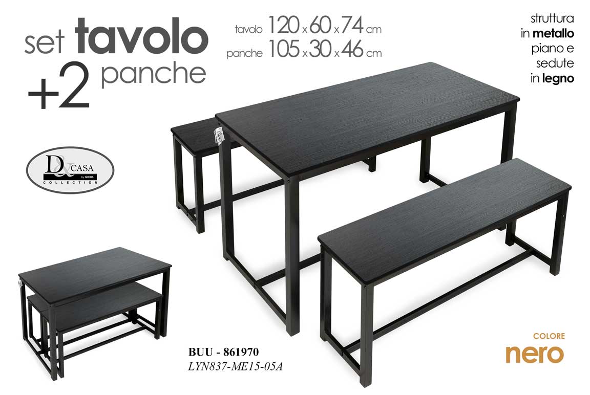 8025569861970 TAVOLO + 2 PANCHE TAVOLINO GIARDINO PIC NIC CAMPEGGIO TERRAZZO LEGNO METALLO NER - immagine 1