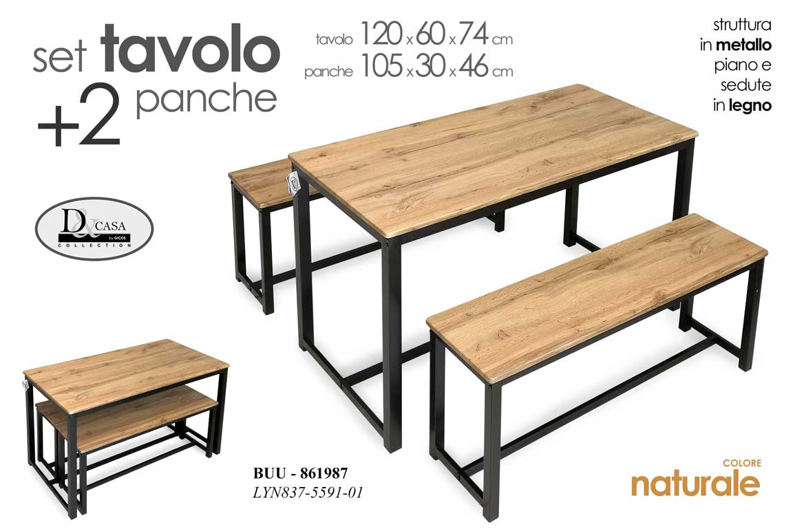 8025569861987 TAVOLO + 2 PANCHE TAVOLINO GIARDINO PIC NIC CAMPEGGIO TERRAZZO LEGNO METALLO - immagine 1
