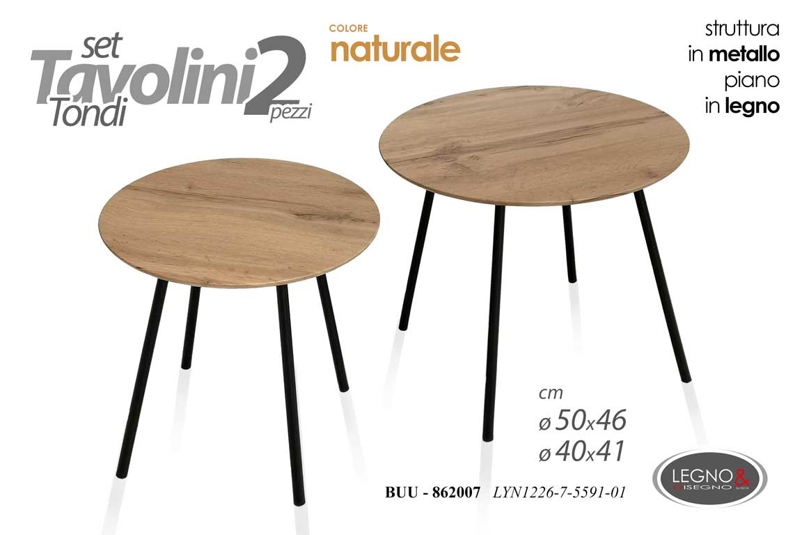 8025569862007 2 TAVOLI METALLO TAVOLINI TONDO SALOTTO METALLO LEGNO NATURALE 50*h46/40*h41 cm - immagine 1