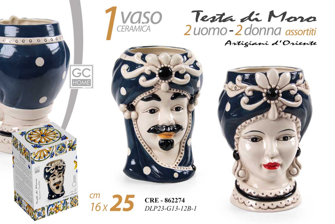 8025569862274 VASO TESTA DI MORO UOMO DONNA ST SICILIA CERAMICA CENTROTAVOLA NOTTE 25cm - immagine 1