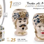 VASO TESTA DI MORO UOMO DONNA STIL SICILIA CERAMICA CENTROTAVOLA ORO 25cm
