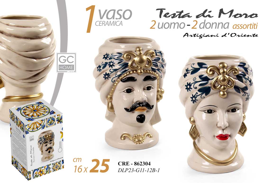 8025569862304 VASO TESTA DI MORO UOMO DONNA STIL SICILIA CERAMICA CENTROTAVOLA ORO 25cm - immagine 1
