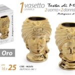 COPPIA VASO TESTA DI MORO UOMO DONNA STIL SICILIA CERAMICA CENTROTAVOLA ORO 25cm