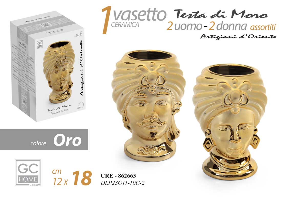 8025569862663 COPPIA TESTA DI MORO UOMO DONNA VASO STIL SICILIA CERAMICA BIANCO ORO 18*12 CM - immagine 1