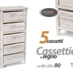 CASSETTIERA 5 CASSETTI BIANCA VIMINI RIVESTITI COMODINO CASA BAGNO h90*40*29 cm