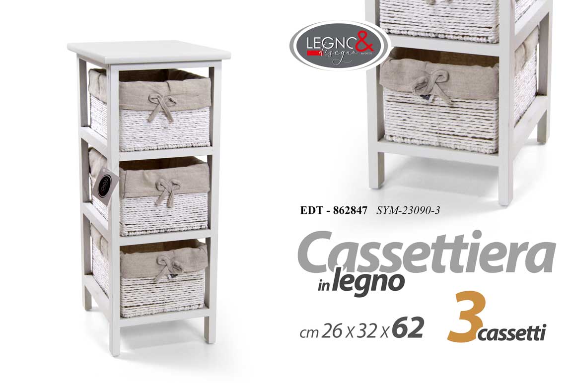 8025569862847 CASSETTIERA MOBILETTO 3 CASSETTI VIMINI LEGNO BIANCA SLIM SALVASPAZIO h62*26*32 - immagine 1