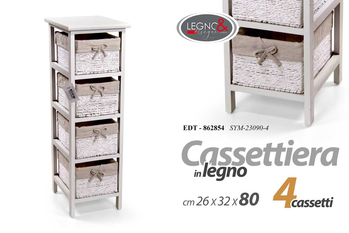8025569862854 CASSETTIERA LEGNO 4 CASSETTI VIMINI SLIM SALVASPAZIO BIANCA COMODINO 80*26*32 CM - immagine 1