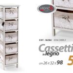 CASSETTIERA LEGNO 5 CASSETTI VIMINI SLIM SALVASPAZIO BIANCA COMODINO 98*26*32 CM