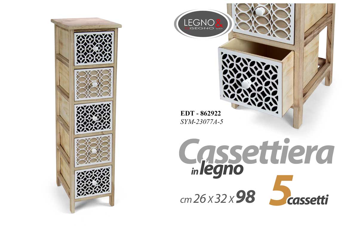 8025569862922 CASSETTIERA SLIM SALVASPAZIO 5 CASSETTI MOBILETTO LEGNO MARRONE 98*26*32 cm - immagine 1