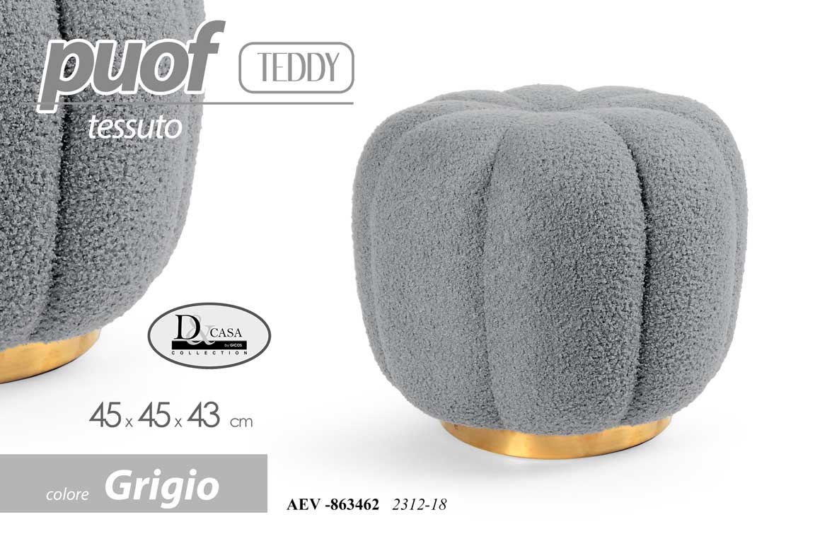 8025569863462 POUF SGABELLO POGGIAPIEDI ELEGANTE MODERNO FIORE ORO TEDDY TONDO GRIGIO Ø45*43cm - immagine 1