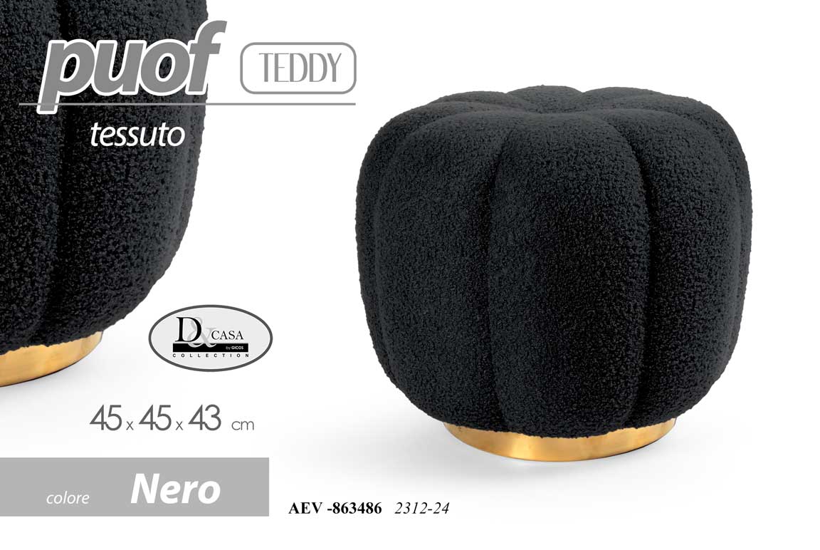 8025569863486 POUF SGABELLO POGGIAPIEDI ELEGANTE MODERNO FIORE ORO TEDDY TONDO NERO Ø45*43cm - immagine 1