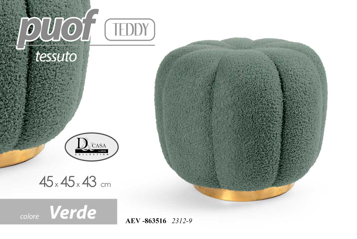8025569863516 POUF SGABELLO POGGIAPIEDI ELEGANTE MODERNO FIORE ORO TEDDY TONDO VERDE Ø45*43cm - immagine 1