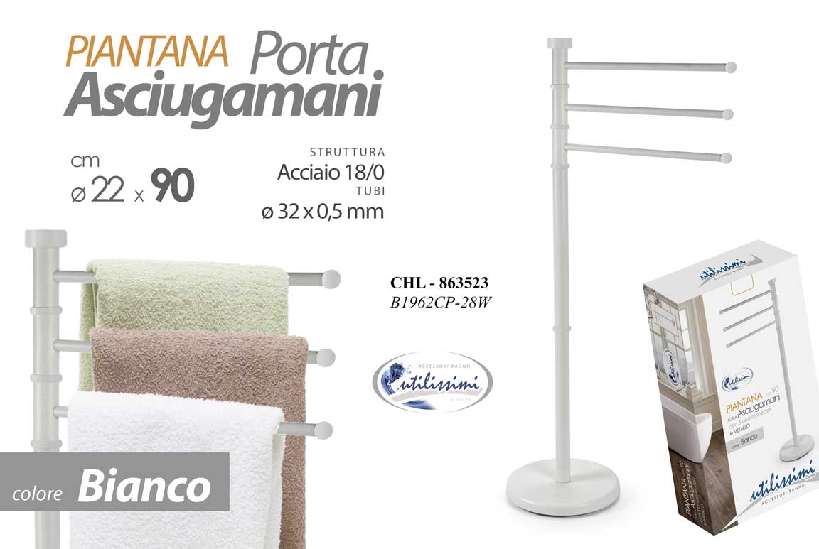 8025569863523 Piantana Portasciugamani Terra BAGNO 3 Bracci Orientabili MODERNO BIANCO 90cm - immagine 1