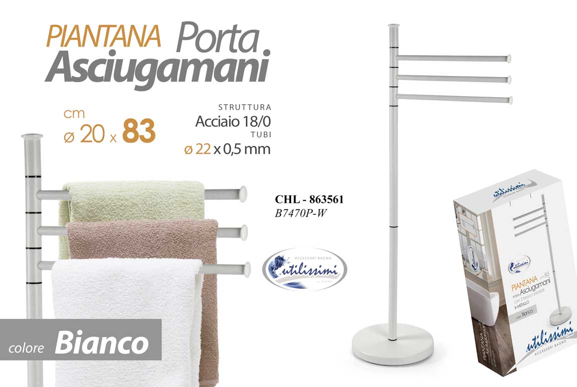 8025569863561 Piantana Portasciugamani da Terra 3 Bracci Orientabili ACCIAIO BIAN MODERNO 83cm - immagine 1