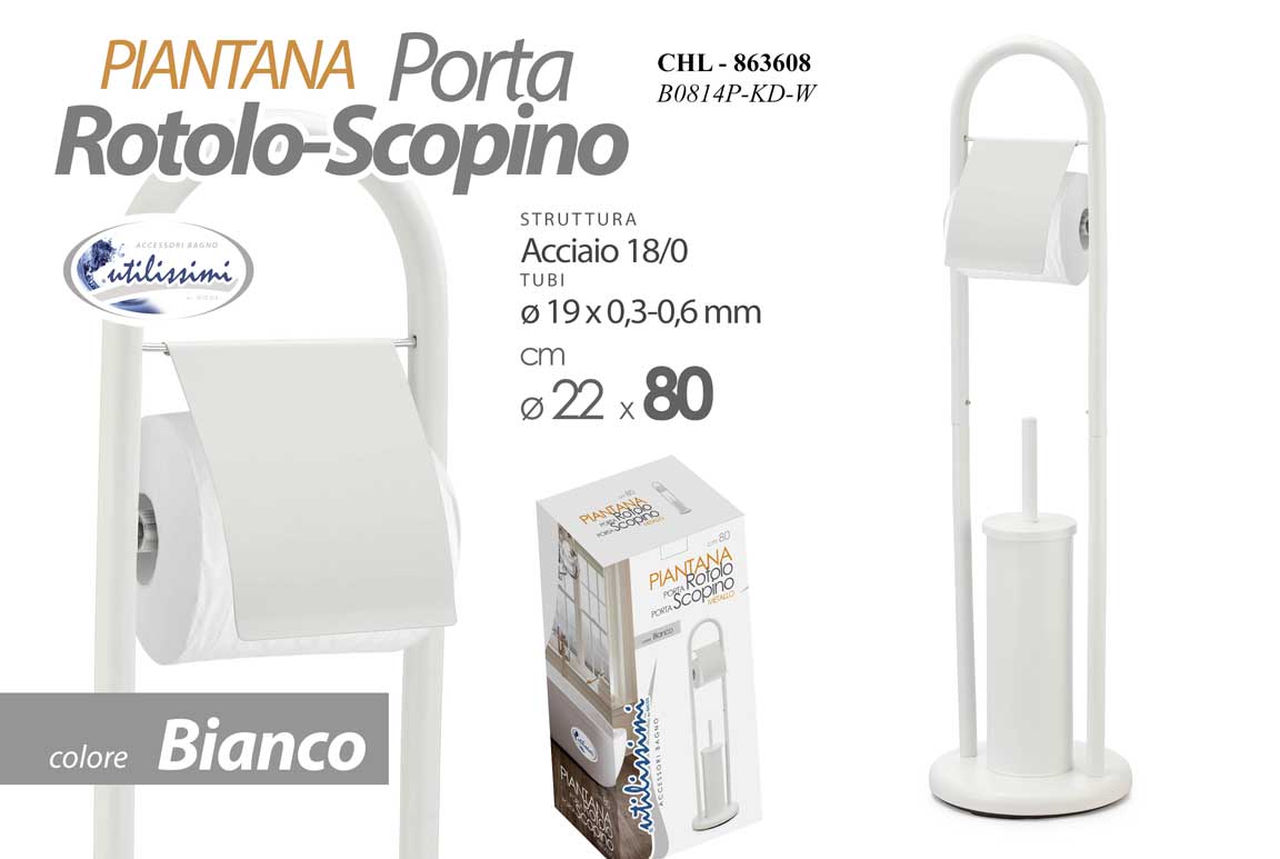 8025569863608 Piantana DA TERRA Porta Scopino Portarotolo Portascopino ACCIAIO MODERNO B 80 cm - immagine 1