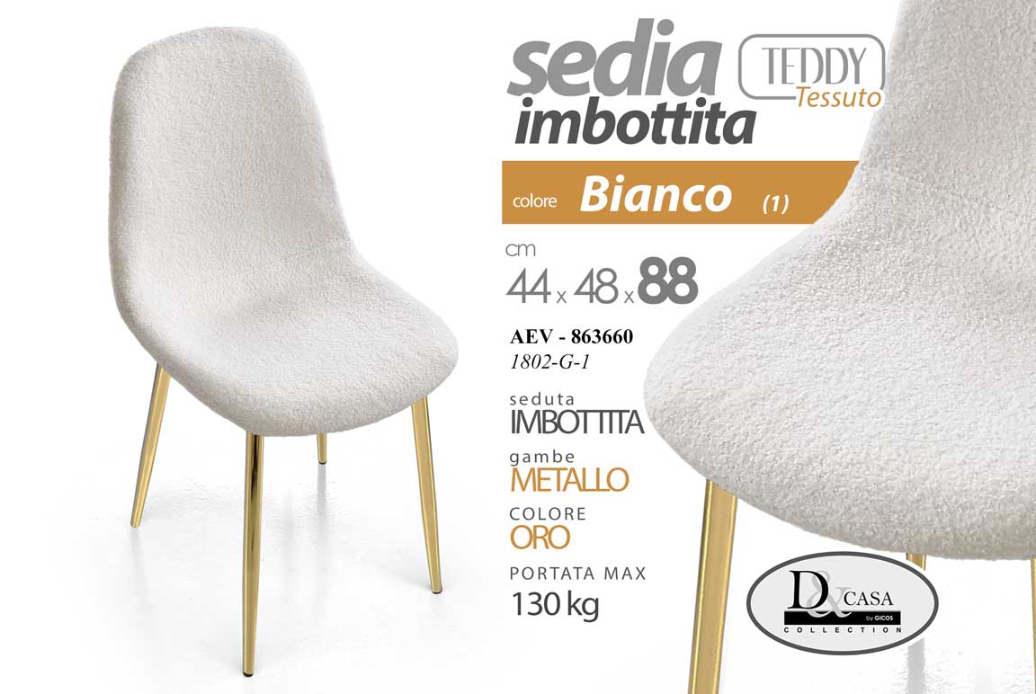 8025569863660 SEDIA TESSUTO BIANCA METALLO PIEDI ORO SALOTTO SALA PRANZO ATTESA TEDDY 48*44*88 - immagine 1