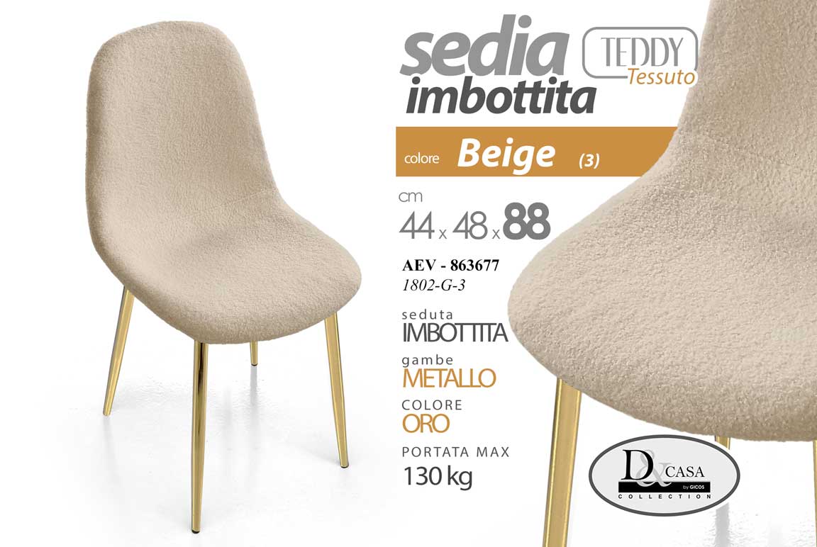 8025569863677 SEDIA TESSUTO BEIGE METALLO PIEDI ORO SALOTTO SALA PRANZO ATTESA TEDDY 48*44*88 - immagine 1