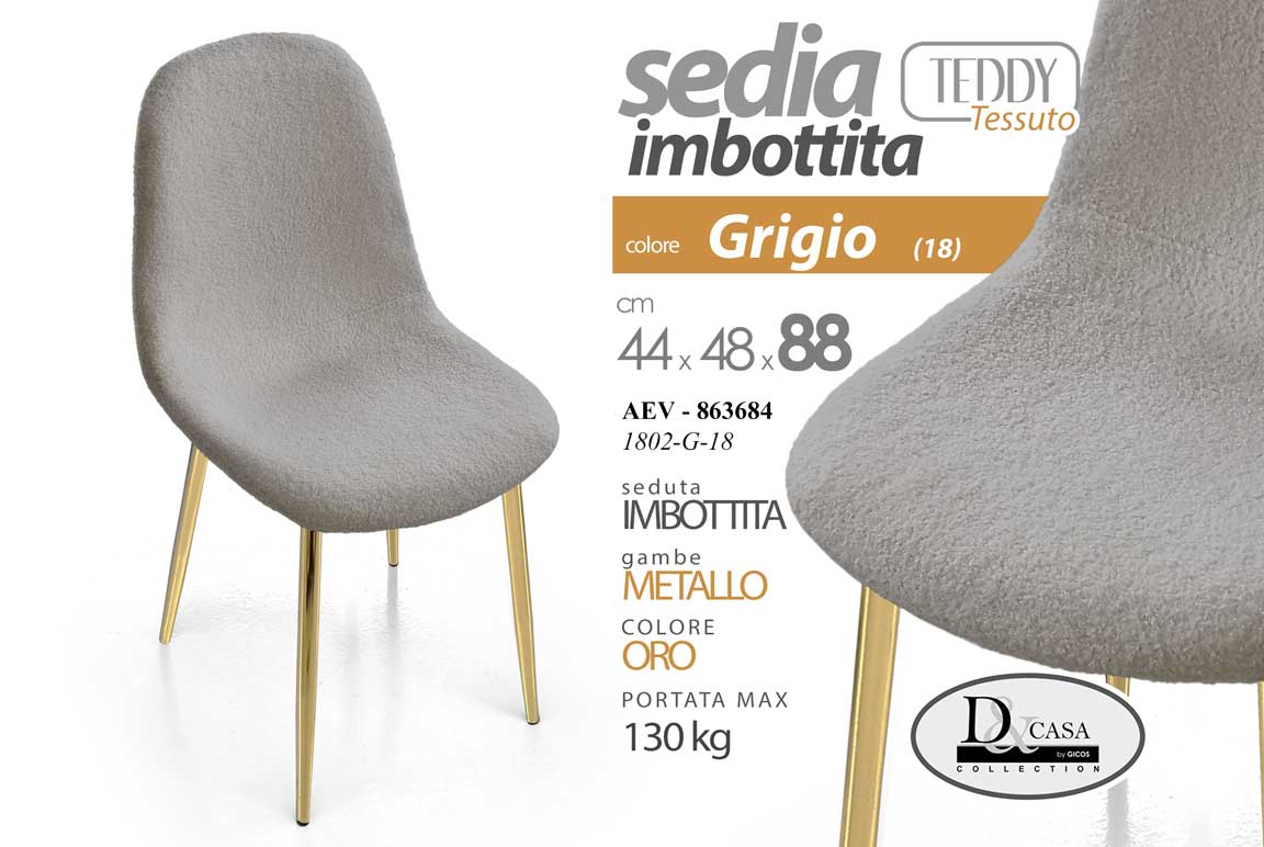 8025569863684 SEDIA TESSUTO GRIGIO METALLO PIEDI ORO SALOTTO SALA PRANZO ATTESA TEDDY 48*44*88 - immagine 1