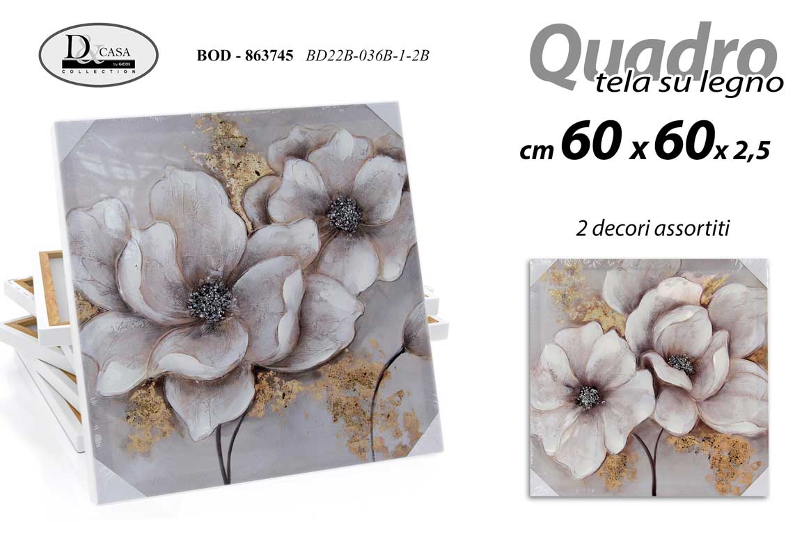 8025569863745 QUADRO STAMPA SU TELA Canvas LEGNO FIORI FIORE VASO BIANCO ORO ASSORTITI 60*60cm - immagine 1