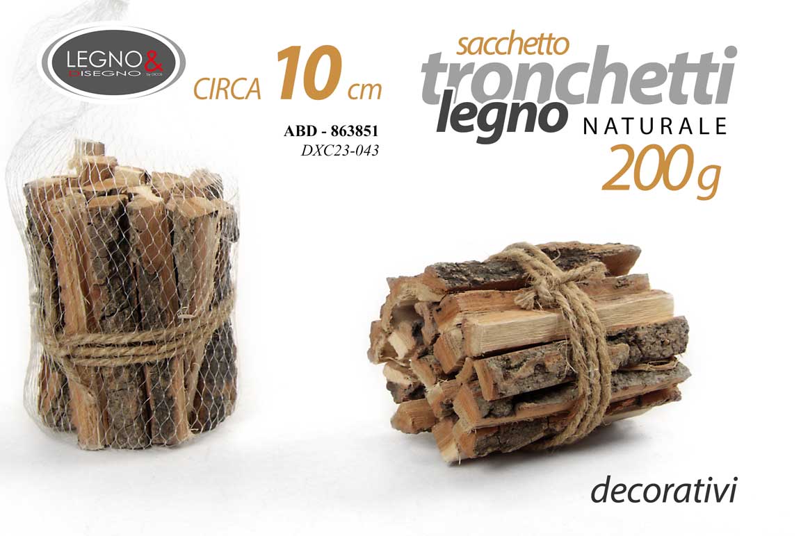 8025569863851 SACCHETTO TRONCHETTI DECORATIVI TRONCO LEGNO NATURALE BRICOLAGE ARTE 200 GR 10cm - immagine 1