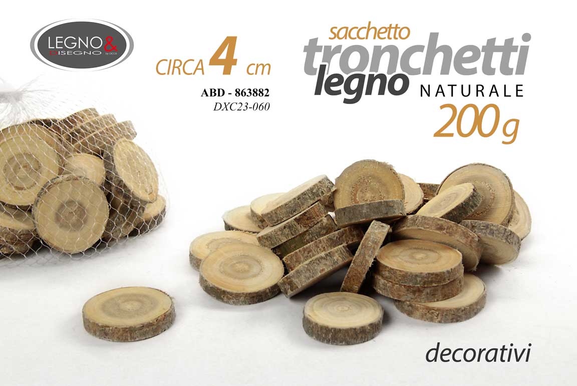 8025569863882 SACCHETTO TRONCHETTI DECORATIVI DISCHI LEGNO NATURALE SEGNAPOSTO 200 GR 4 CM - immagine 1