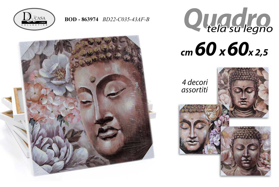 8025569863974 QUADRO STAMPA SU TELA Canvas LEGNO BUDDHA VOLTO VISO FIORI ASSORTITI 60*60 cm - immagine 1