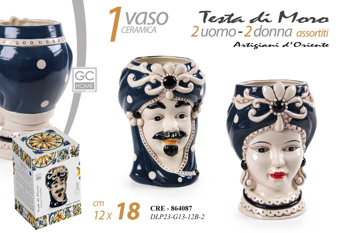 8025569864087 TESTA DI MORO UOMO DONNA VASO STIL SICILIA CERAMICA BIANCO BLU NOTTE 18cm - immagine 1