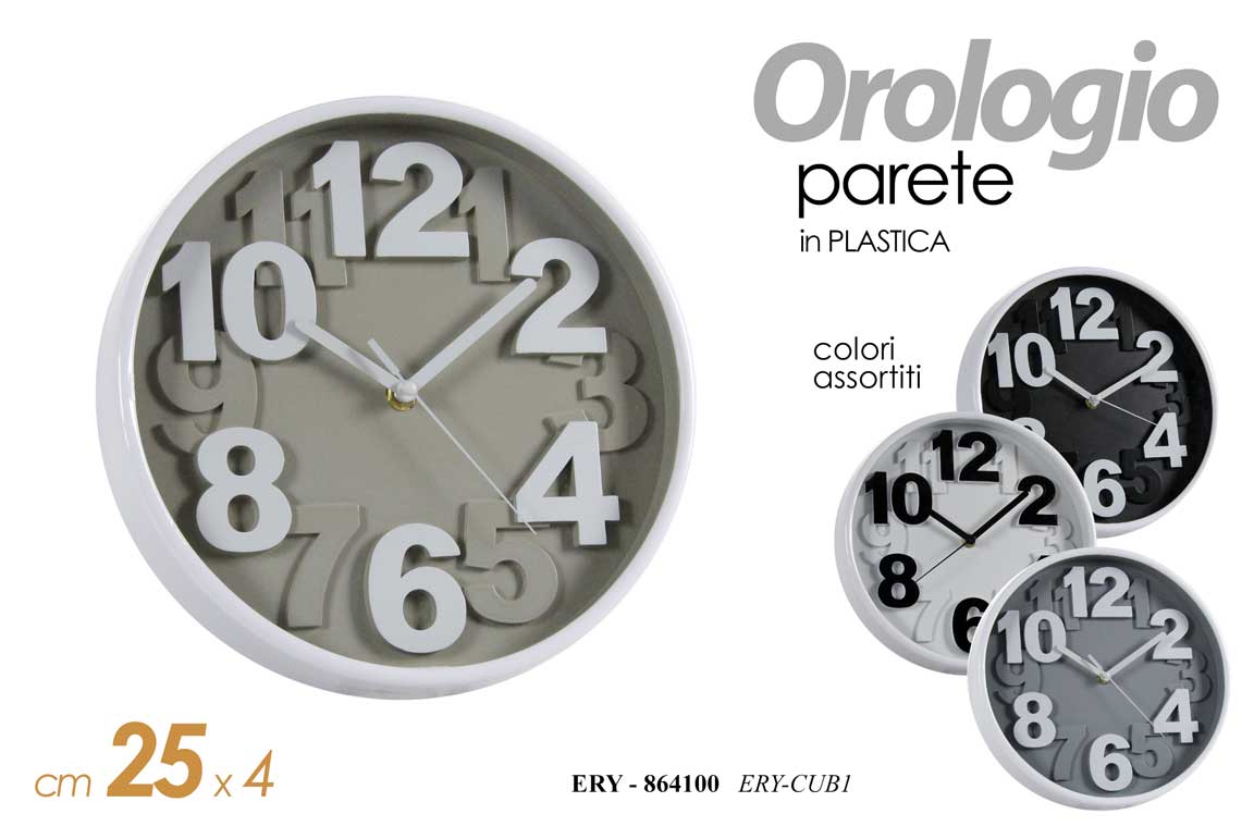 8025569864100 OROLOGIO MODERNO DA PARETE MURO NUMERI RILIEVO TONDO DESIGN COLORATO ASSOR 25 CM - immagine 1