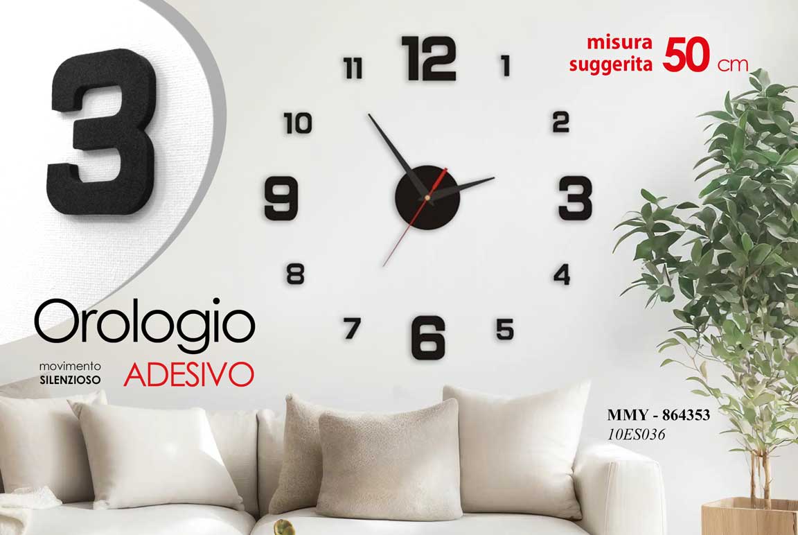 8025569864353 OROLOGIO ADESIVO DA PARETE MURO MODERNO VINTAGE SILENZIOSO NUMERI NERI 50 CM - immagine 1