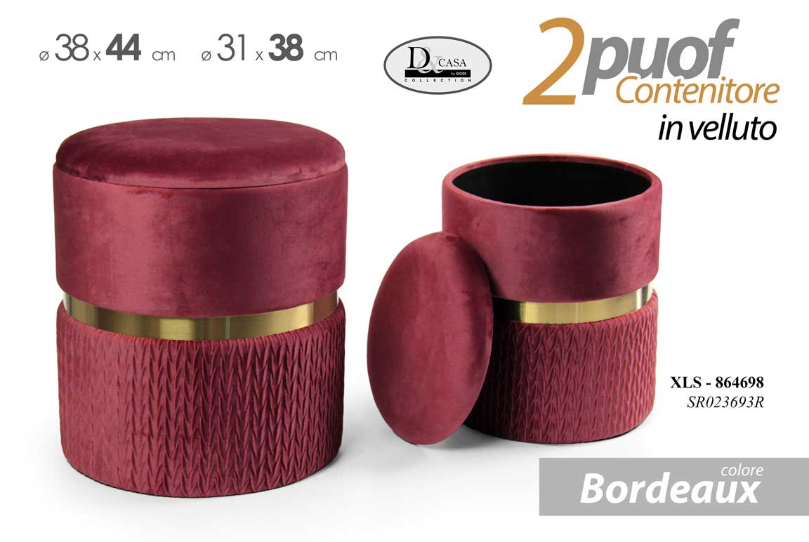 8025569864698 2 POUF CILINDRICO CONTENITORE MODERNO POGGIAPIEDI SGABELLO VELLUTO BORDEAUX ORO - immagine 1
